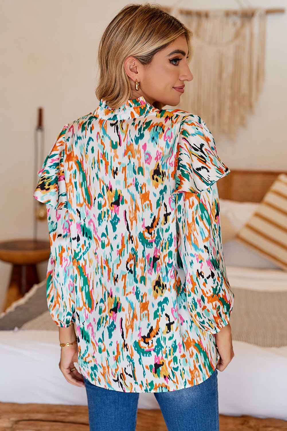 Multicolour Abstract Print 3/4 Puff Sleeve Ruffle Blouse