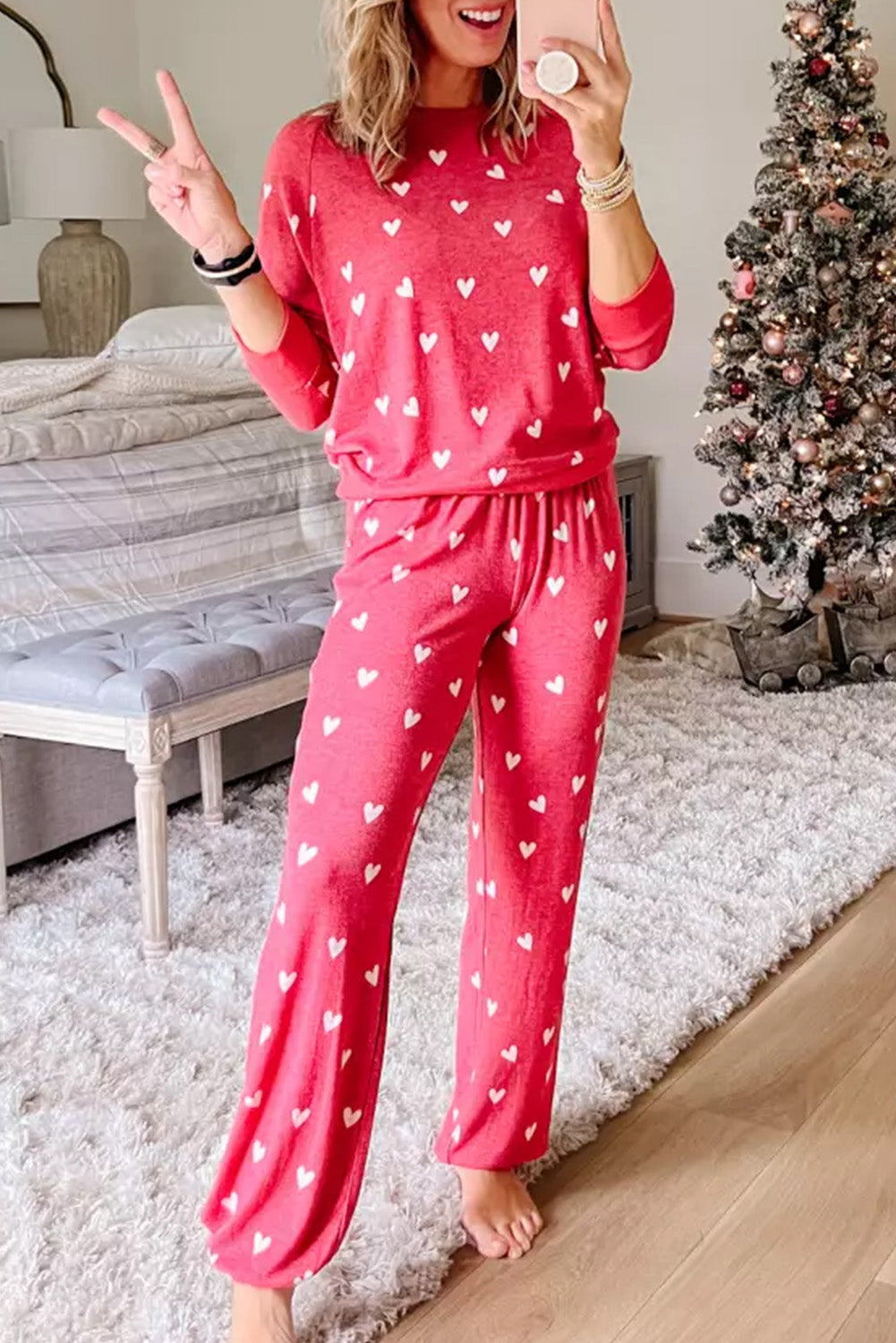 Red Heart Print Raglan Sleeve Loungewear Set