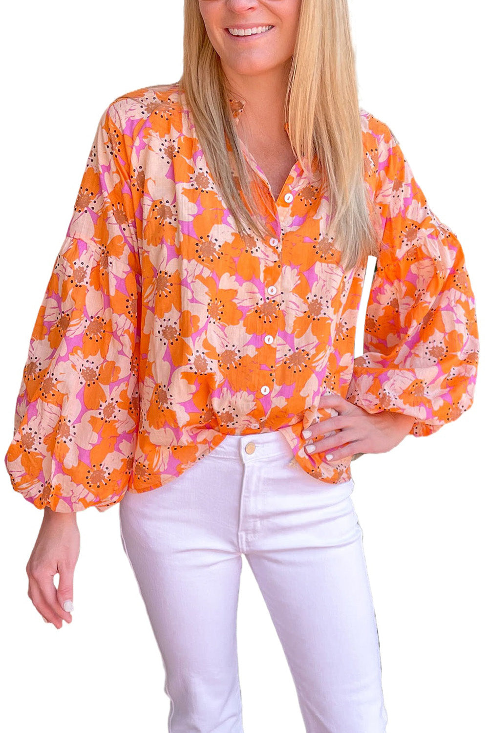 Orange Floral Print Loose Sleeve Shirt