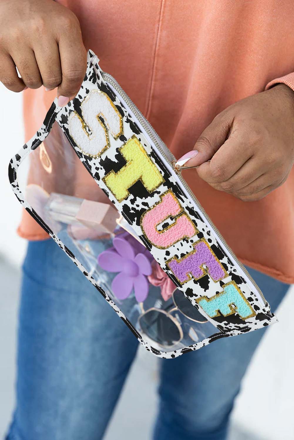 Multicolour STUFF Animal Print Transparent Zipped Handbag