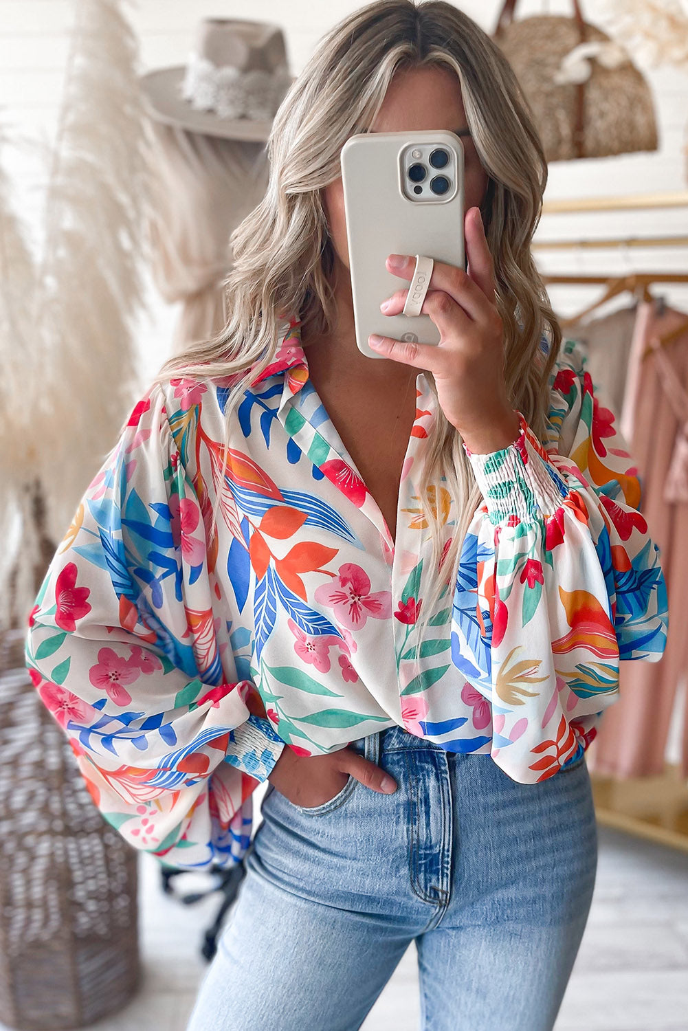 Multicolor Floral Print Boho Bishop Sleeve Collared Shirt