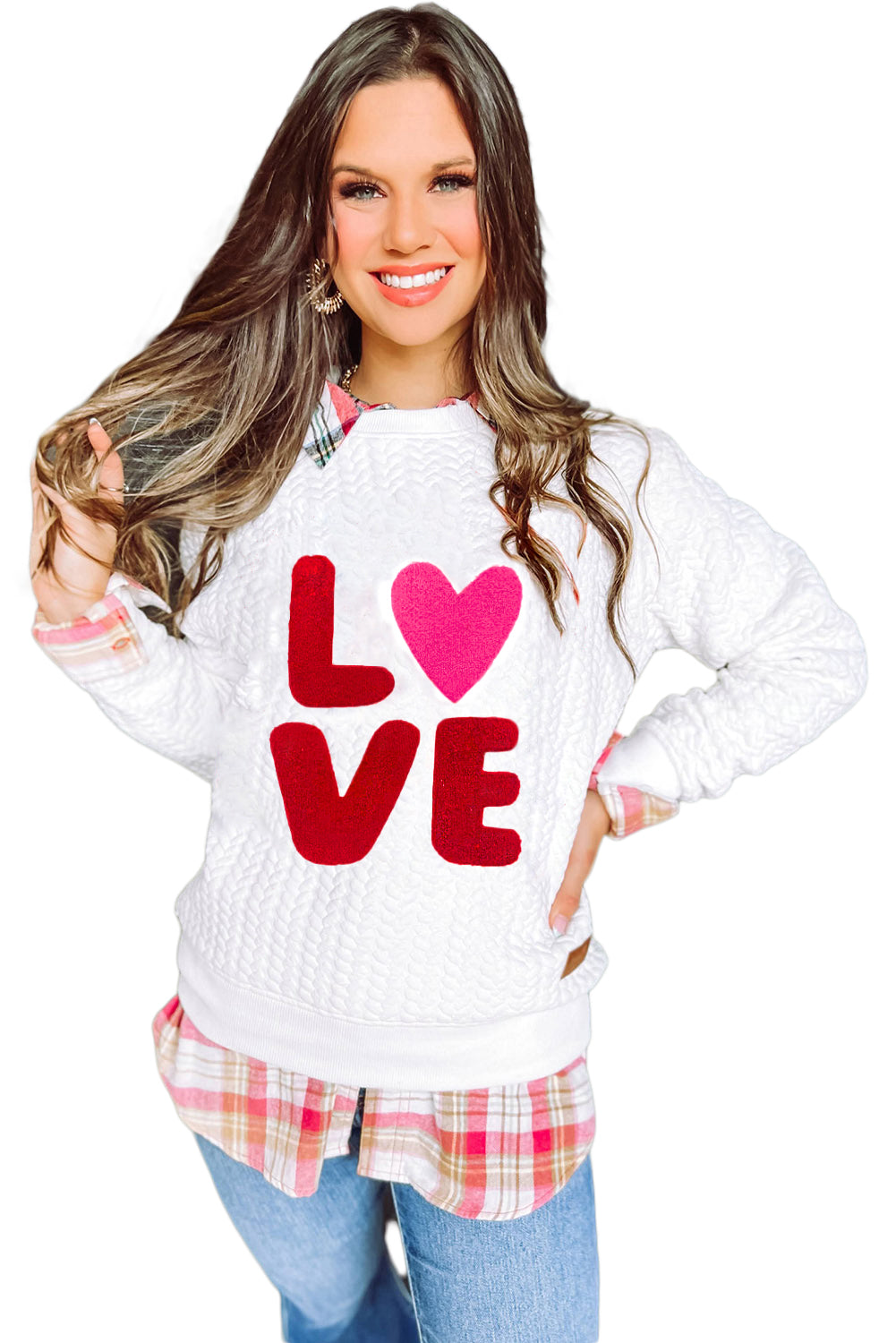 White Quilted Valentine Love Heart Shape Graphic Sweatshirt