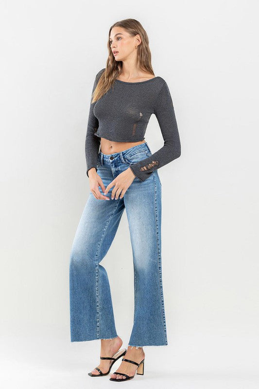 Mid Rise Raw Hem Wide Leg Jeans