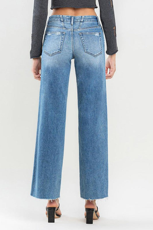 Mid Rise Raw Hem Wide Leg Jeans