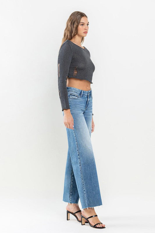 Mid Rise Raw Hem Wide Leg Jeans