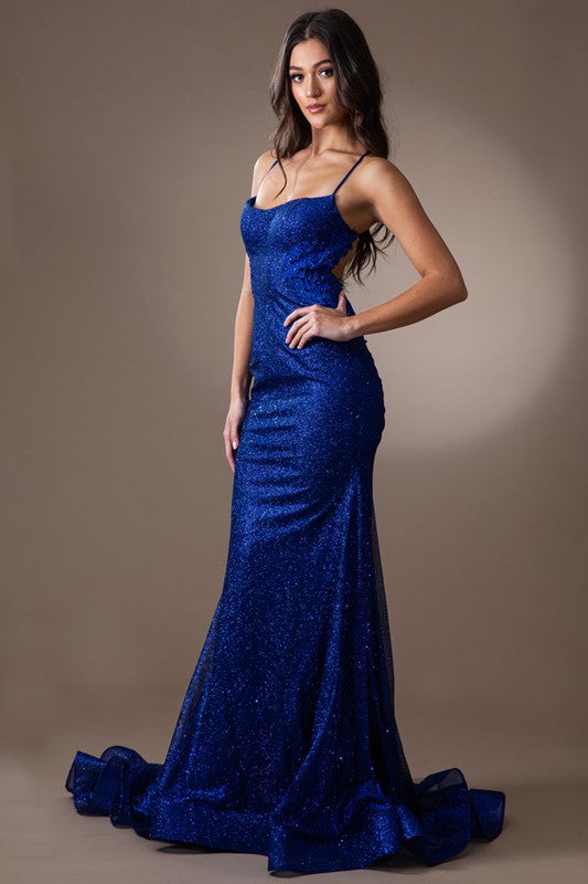 Metalic Glitter Ruched Back Mermaid Prom Dress