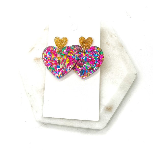 Queen of Heart Glitter Acrylic Earrings Valentines