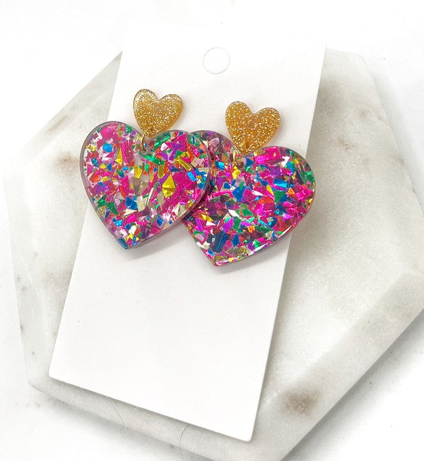 Queen of Heart Glitter Acrylic Earrings Valentines