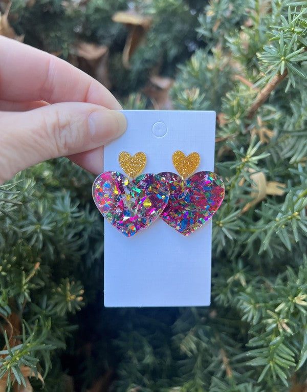 Queen of Heart Glitter Acrylic Earrings Valentines