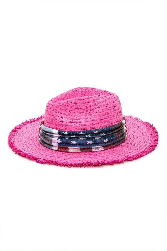 Vintage American Flag Print Straw Fedora Hat