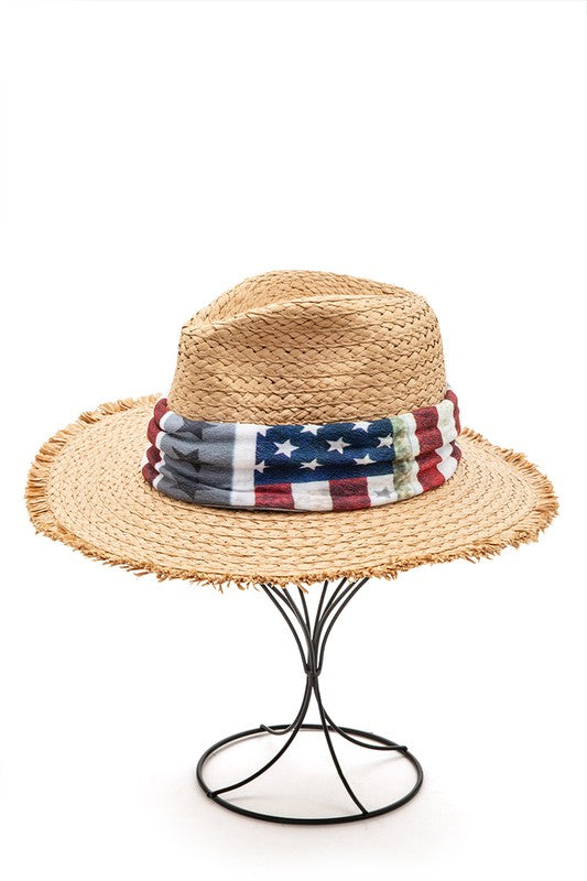 Vintage American Flag Print Straw Fedora Hat