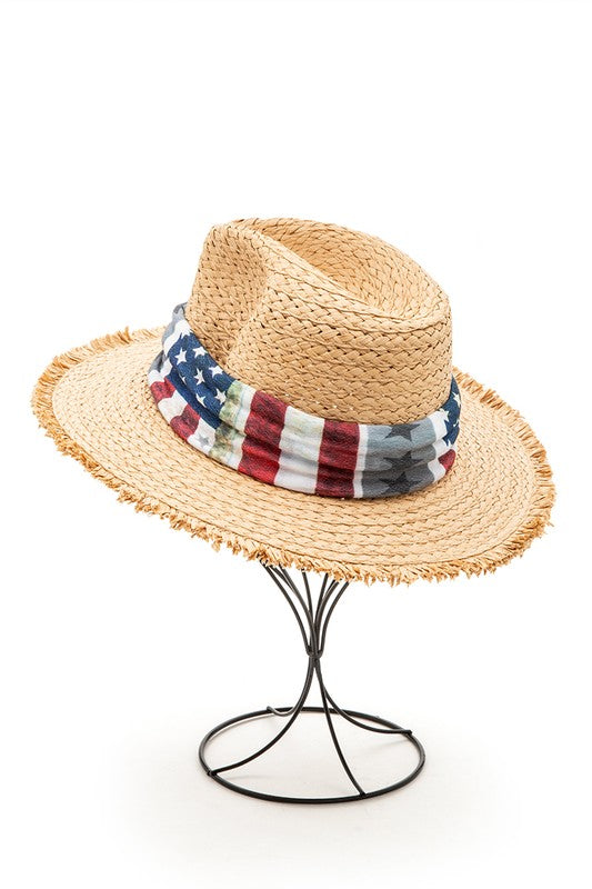 Vintage American Flag Print Straw Fedora Hat