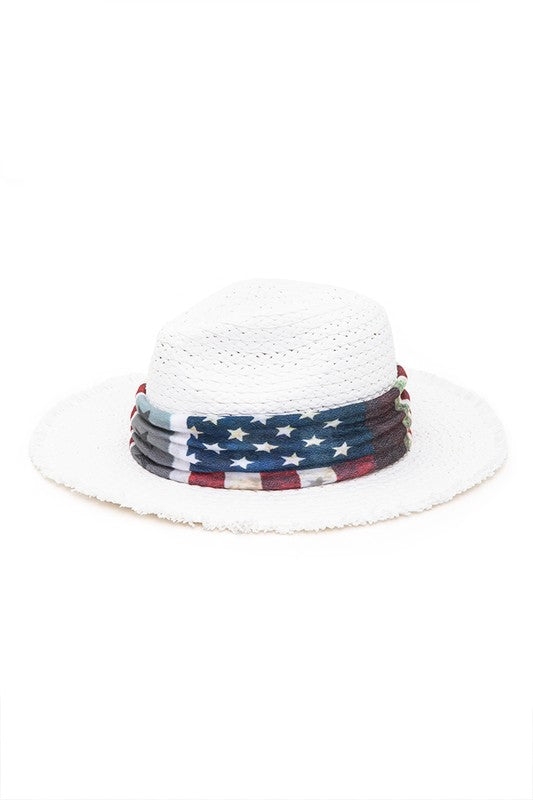 Vintage American Flag Print Straw Fedora Hat