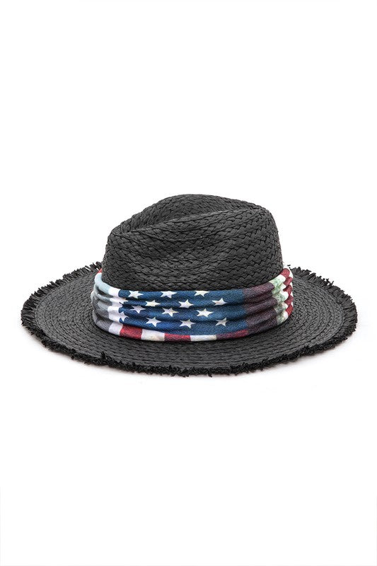 Vintage American Flag Print Straw Fedora Hat