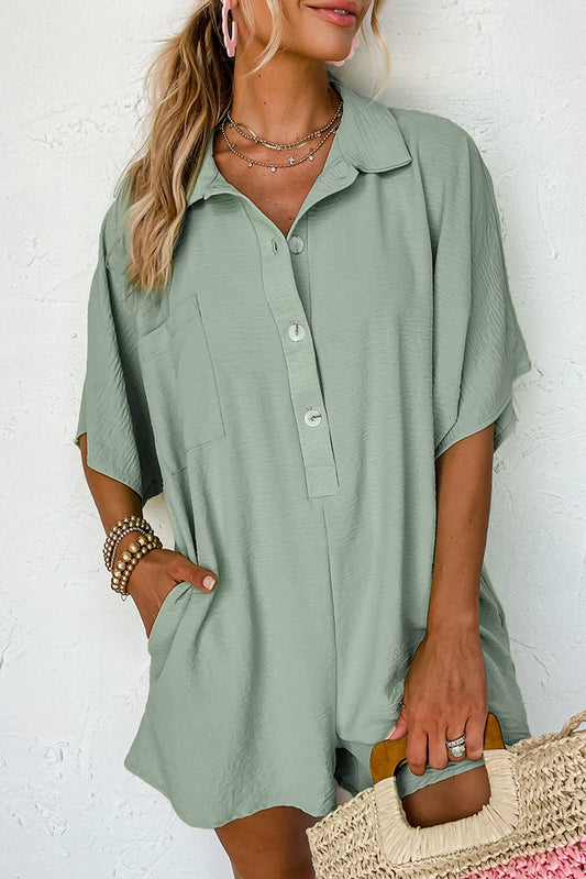 Spinach Green Plain Half Button Collared Pocket Loose Romper