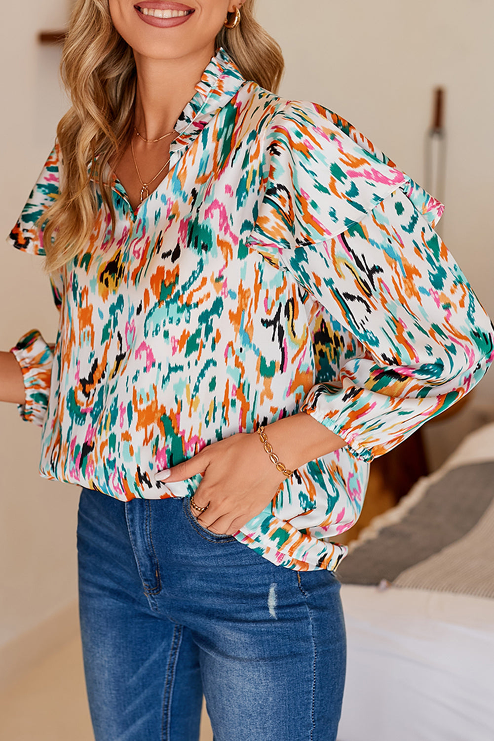 Multicolour Abstract Print 3/4 Puff Sleeve Ruffle Blouse