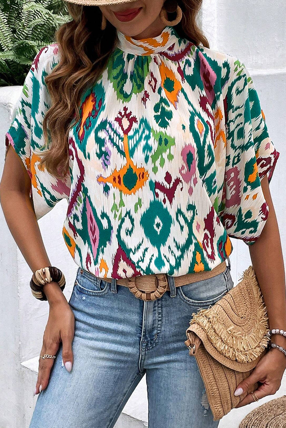 Multicolor Abstract Print Knot Back Half Sleeve Blouse