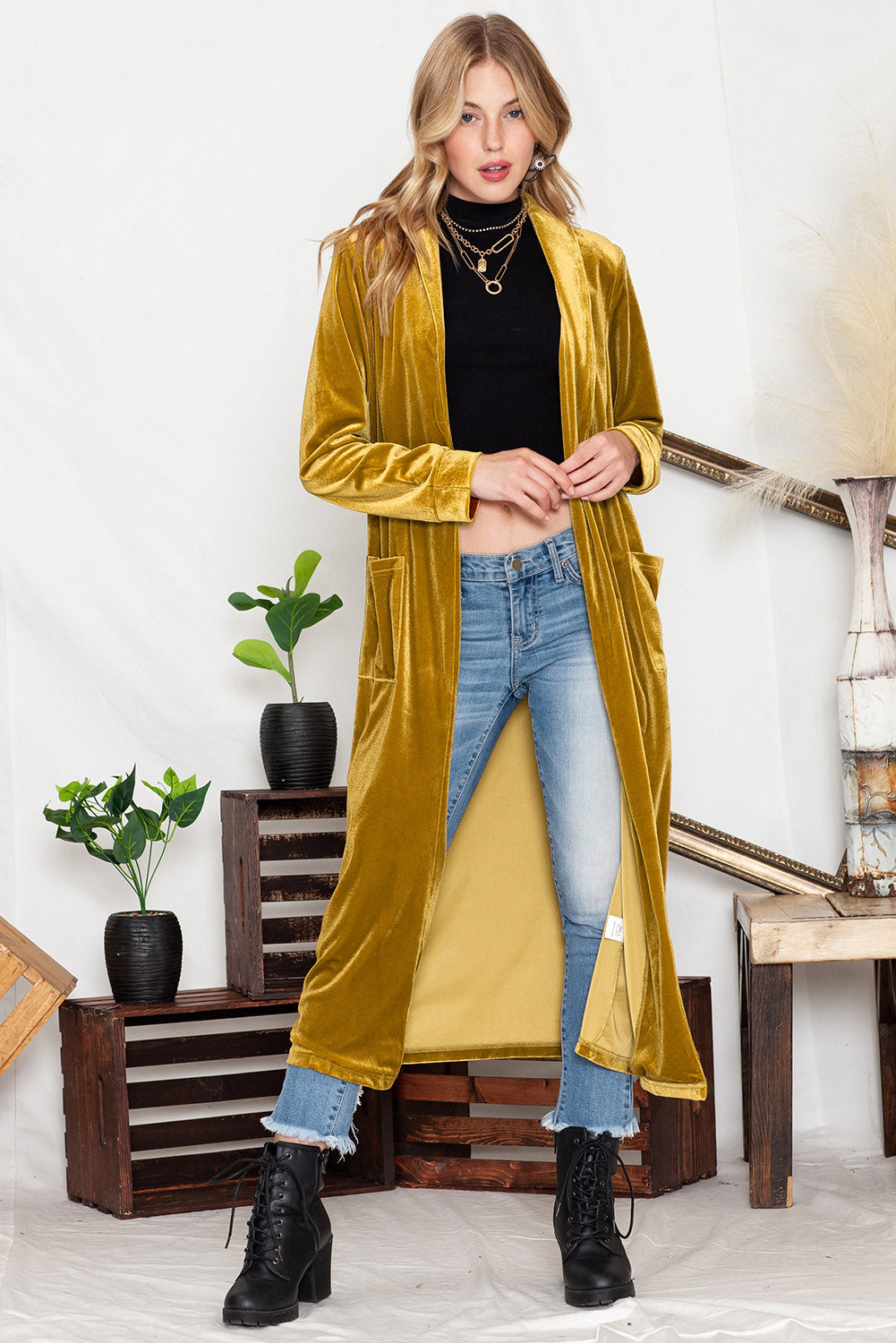 Green Velvet Elegant Pocket Open Front Long Cardigan available 11/15 in several color choices