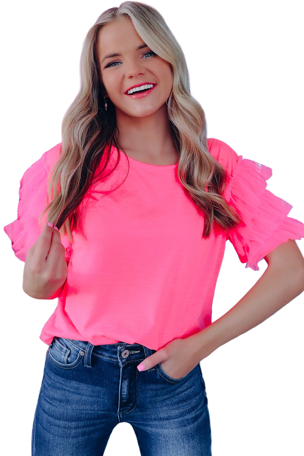 Pink Plain Tulle Round Neck Ruffle Sleeve Blouse