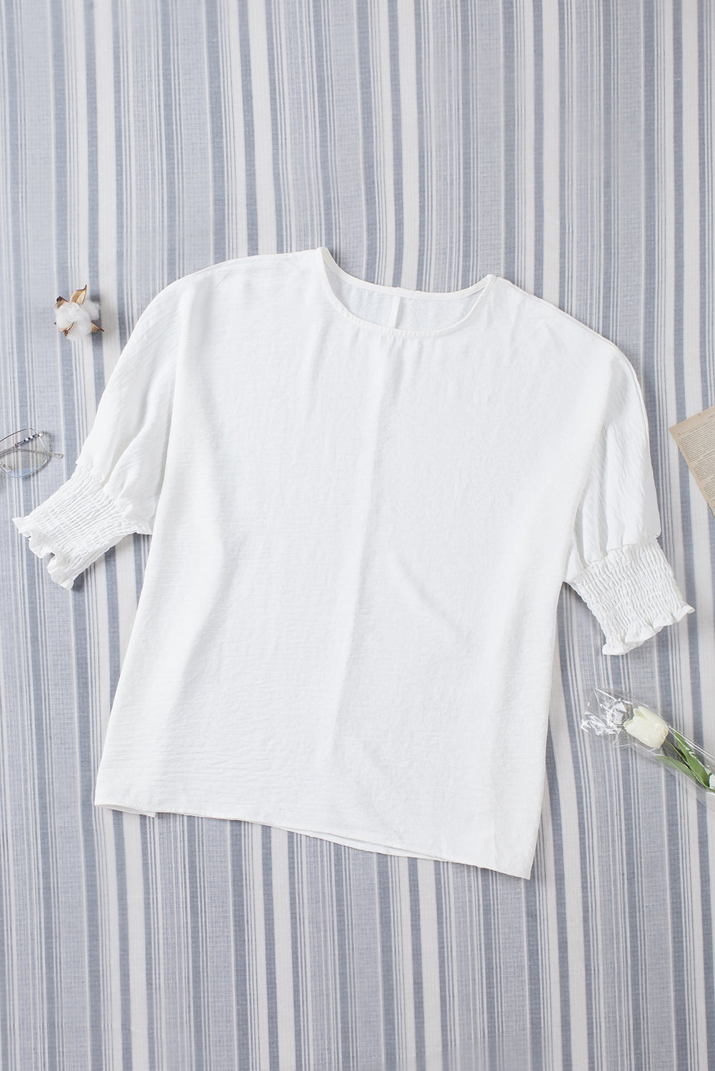 White Plain & Casual Shirred Cuffs Half Sleeve Top