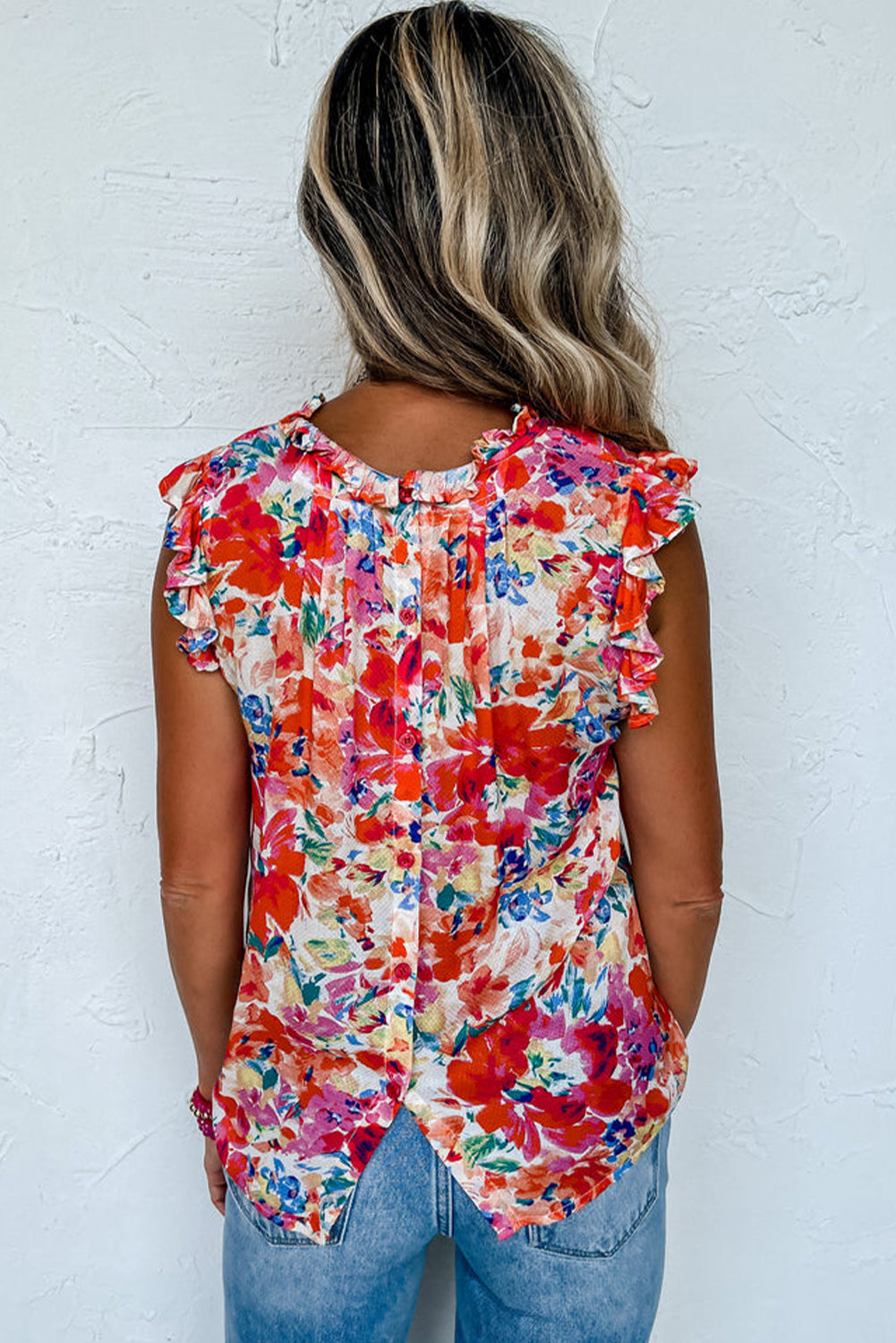 Red Boho Floral Print Frill Neck Pleated Sleeveless Shirt