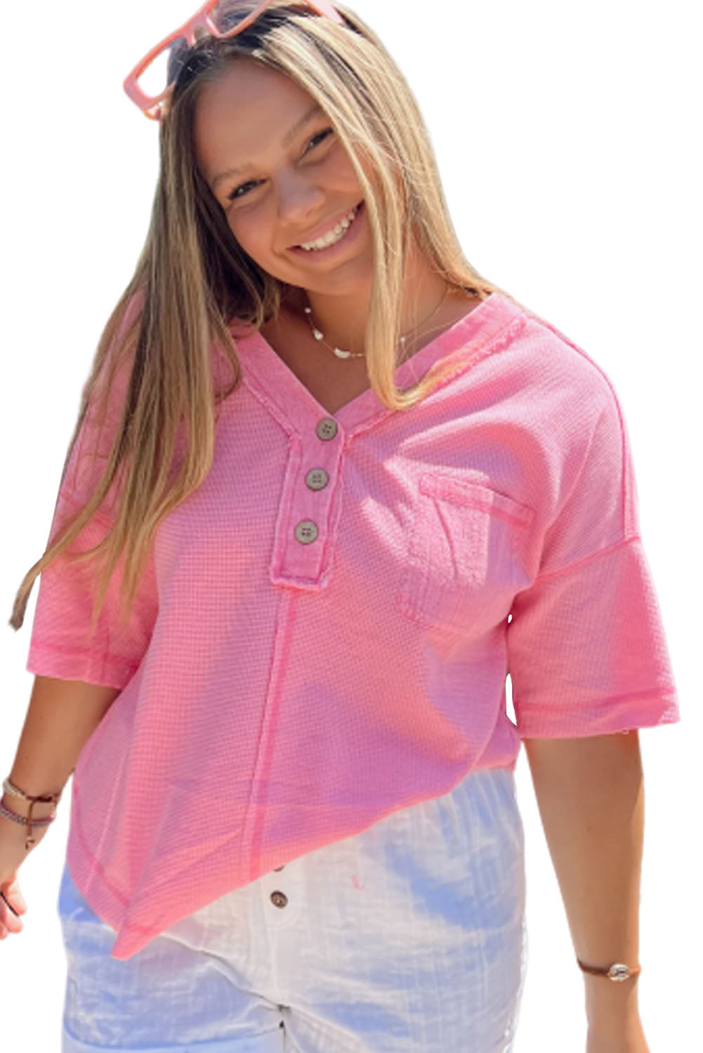 Pink Plus Size Waffle Knit Exposed Seam V Neck Henley Tee