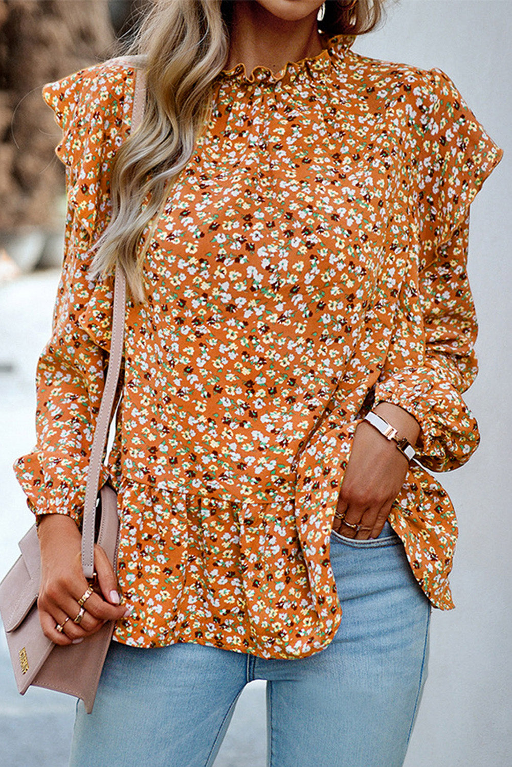 Orange Ditsy Floral Boho Ruffle Long Sleeve Blouse