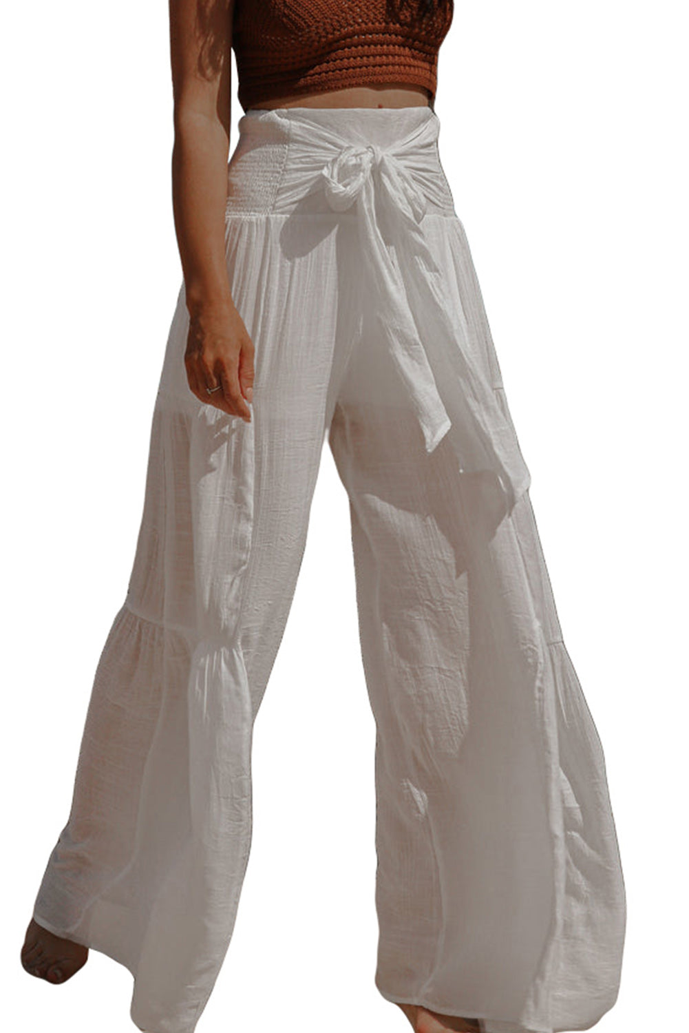 White Smocked Sash High Waist Crinkled Wide Leg Pants