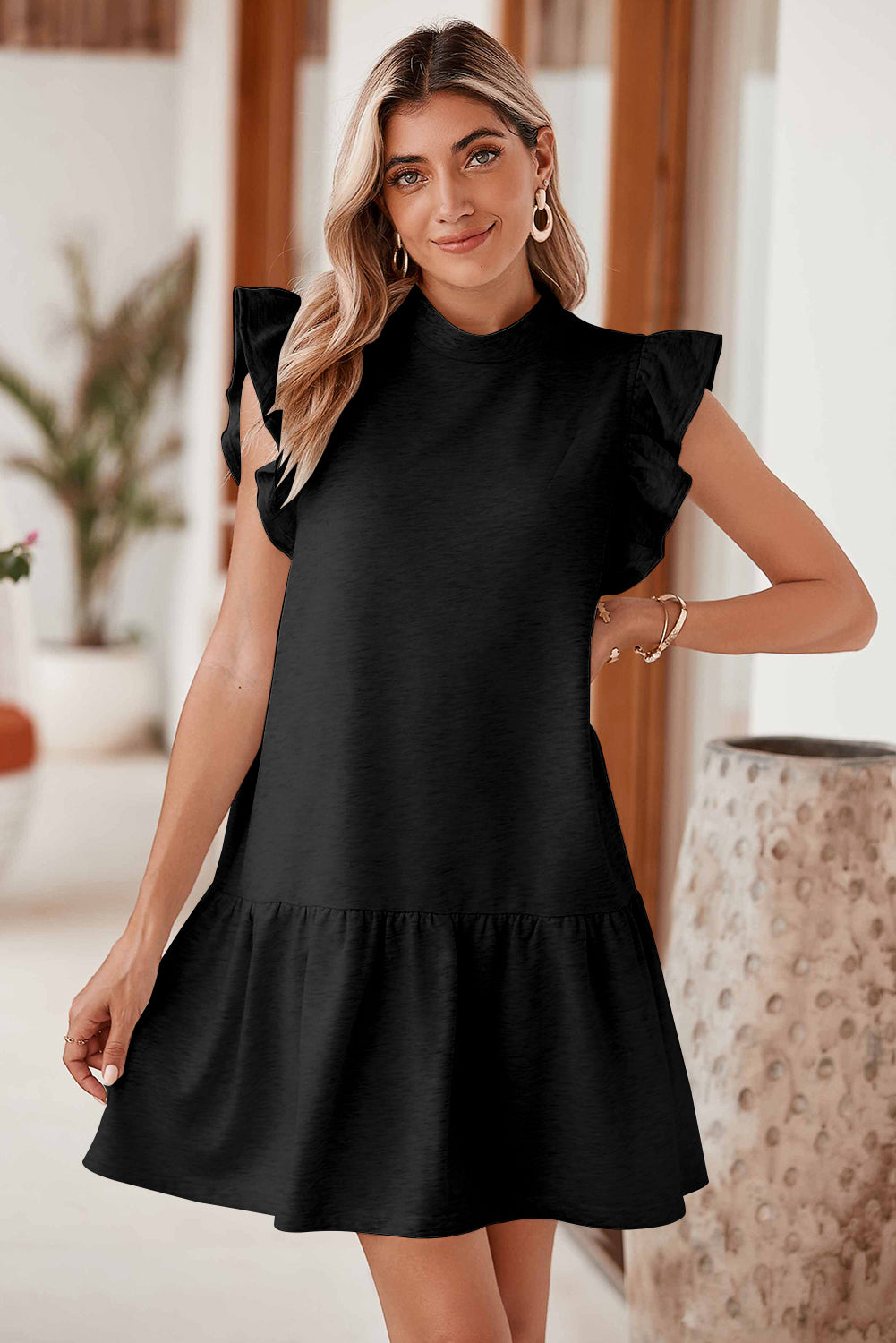 White Solid Color Ruffle Hem Mini Sweatshirt Dress