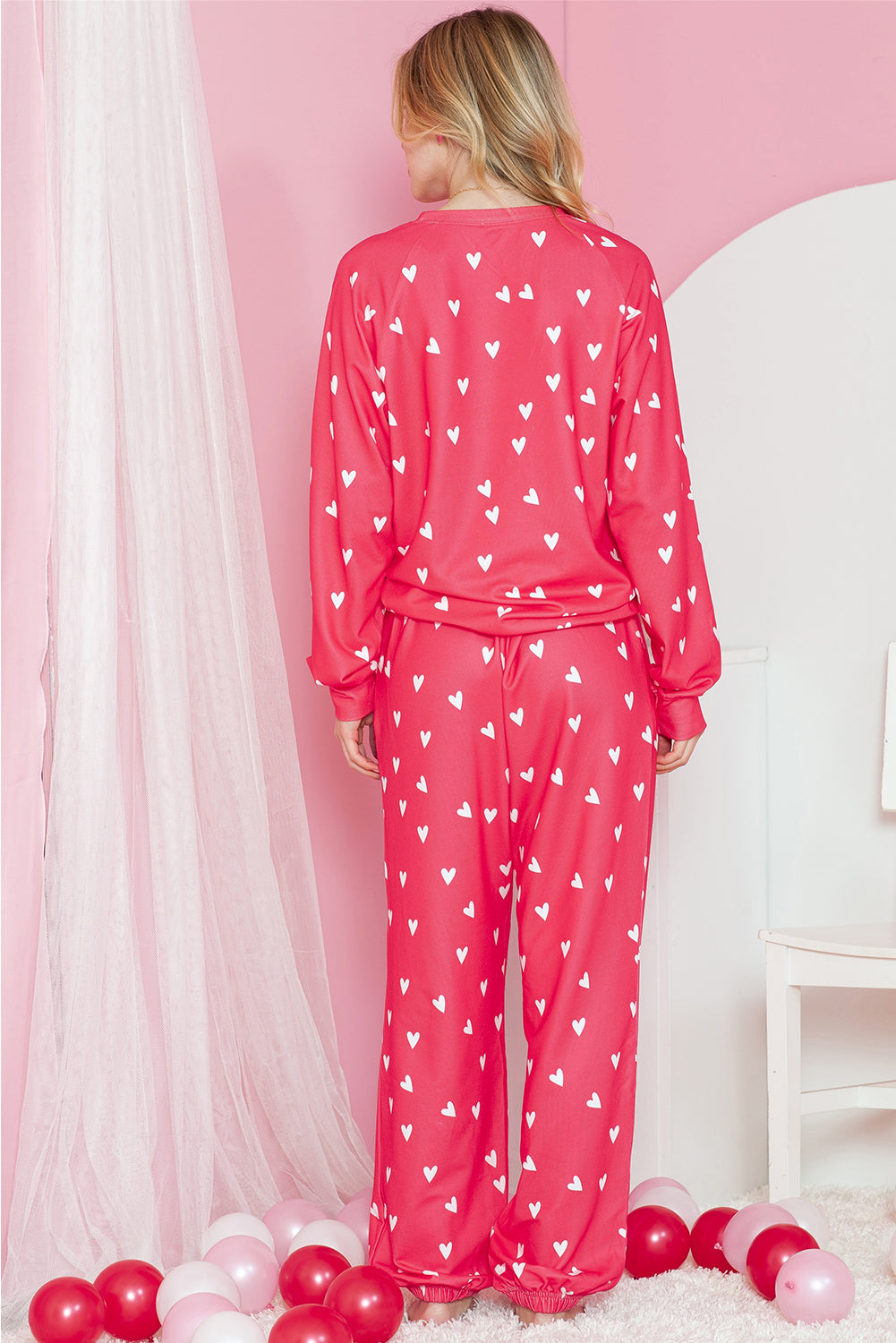 Red Heart Print Raglan Sleeve Loungewear Set