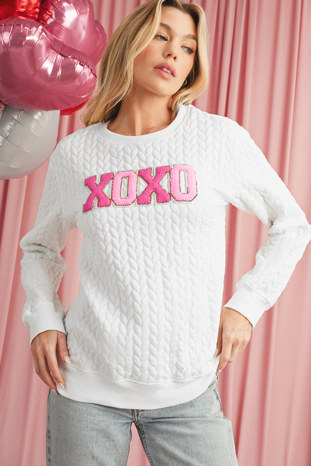 White Quilted Valentine Love Heart Shape Graphic Sweatshirt