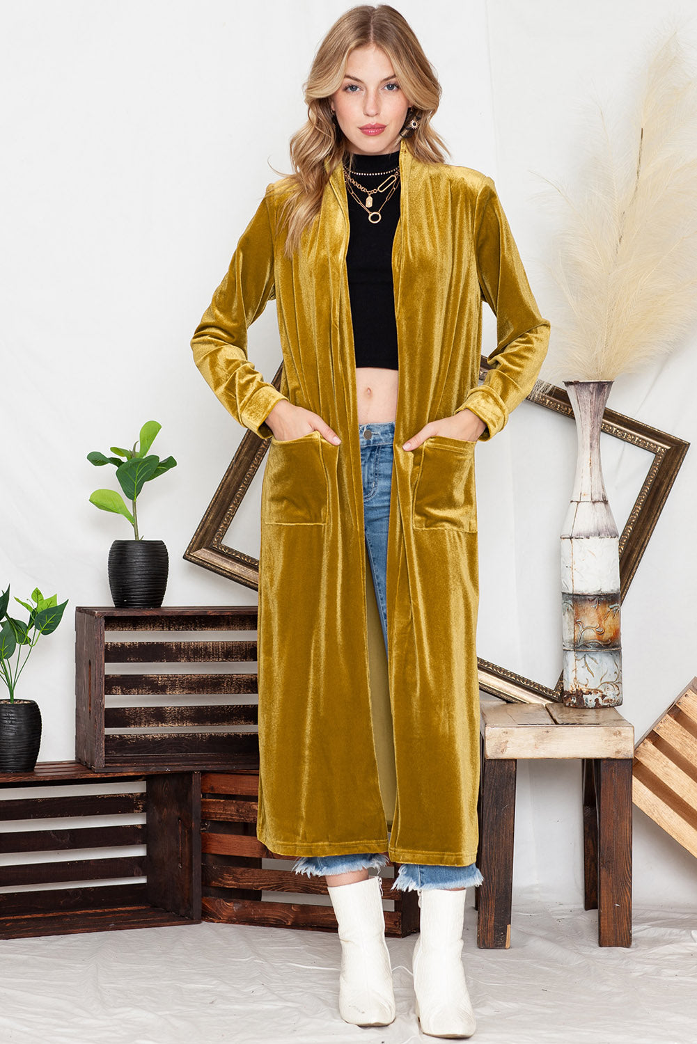 Green Velvet Elegant Pocket Open Front Long Cardigan available 11/15 in several color choices