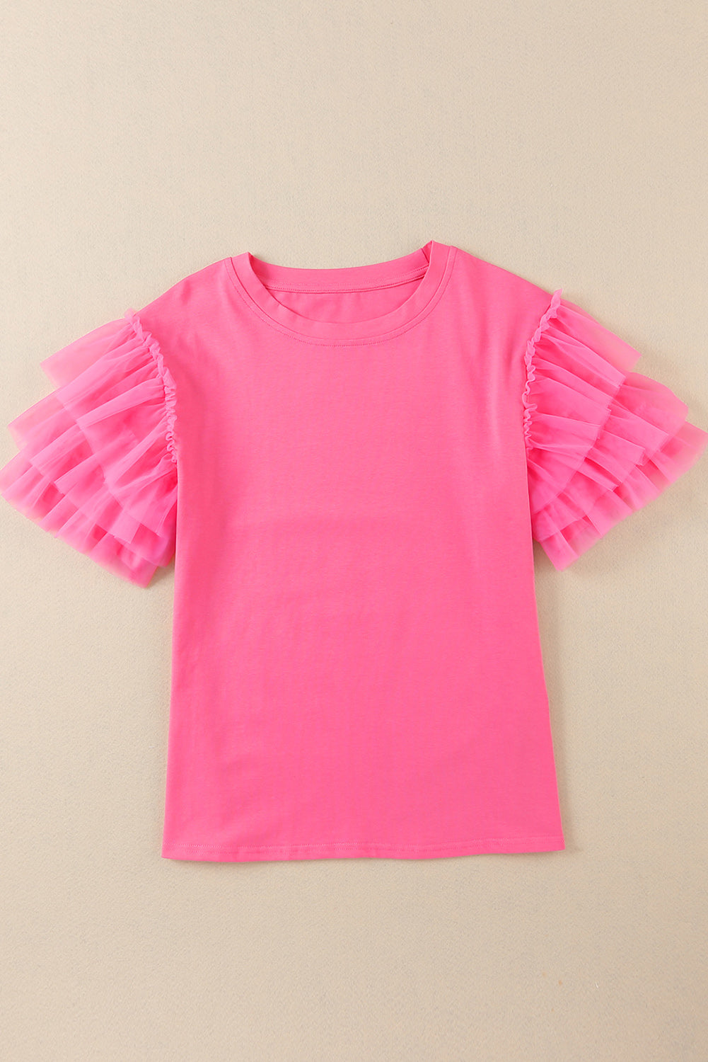 Pink Plain Tulle Round Neck Ruffle Sleeve Blouse