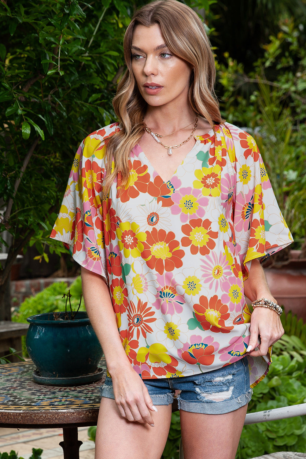 Multicolor Abstract Print Flutter Sleeve V Neck Blouse