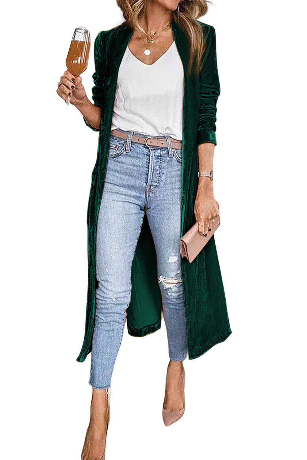 Green Velvet Elegant Pocket Open Front Long Cardigan available 11/15 in several color choices