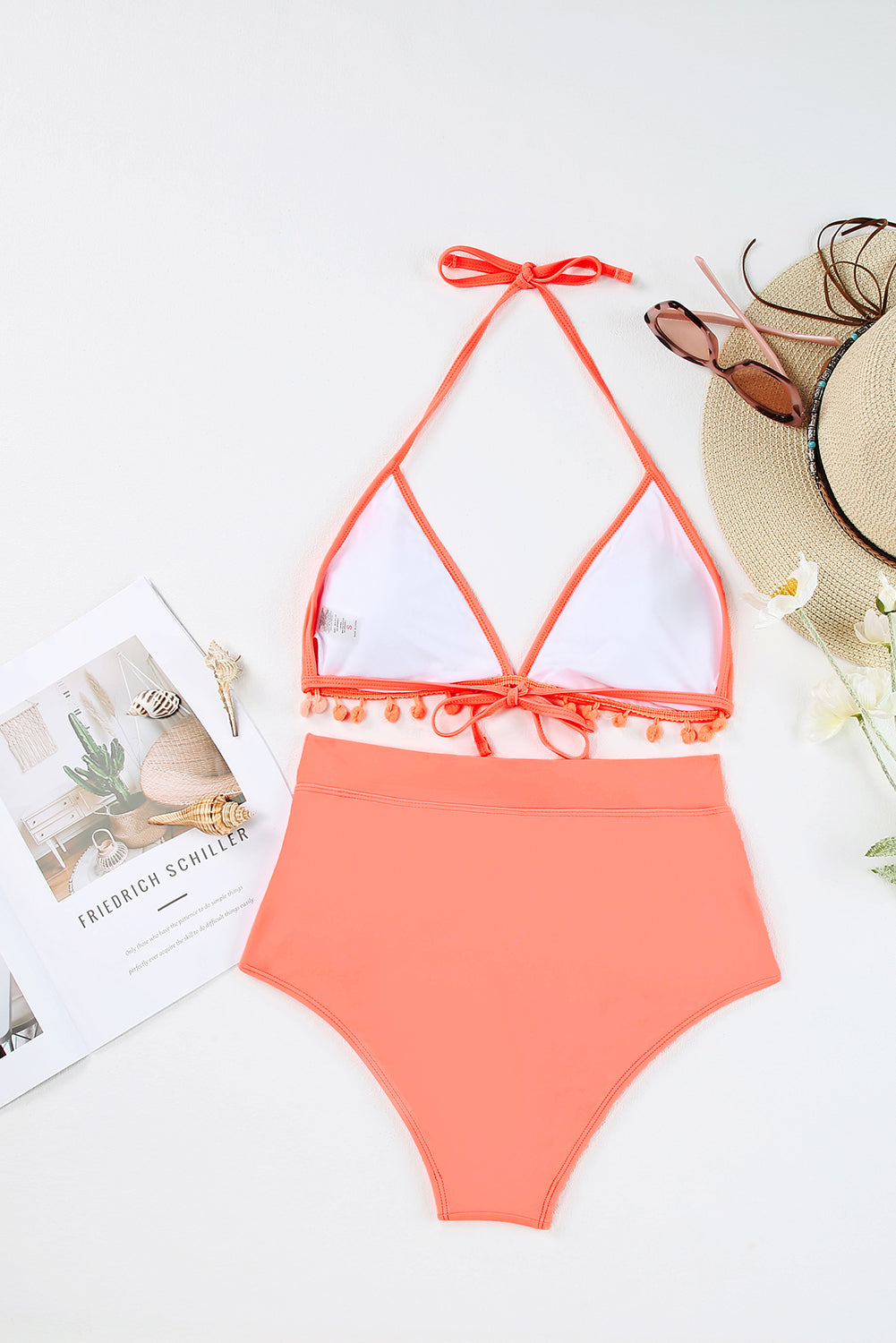 Pink Mesh Contrast Pom Details High Waisted Bikini Swimsuit