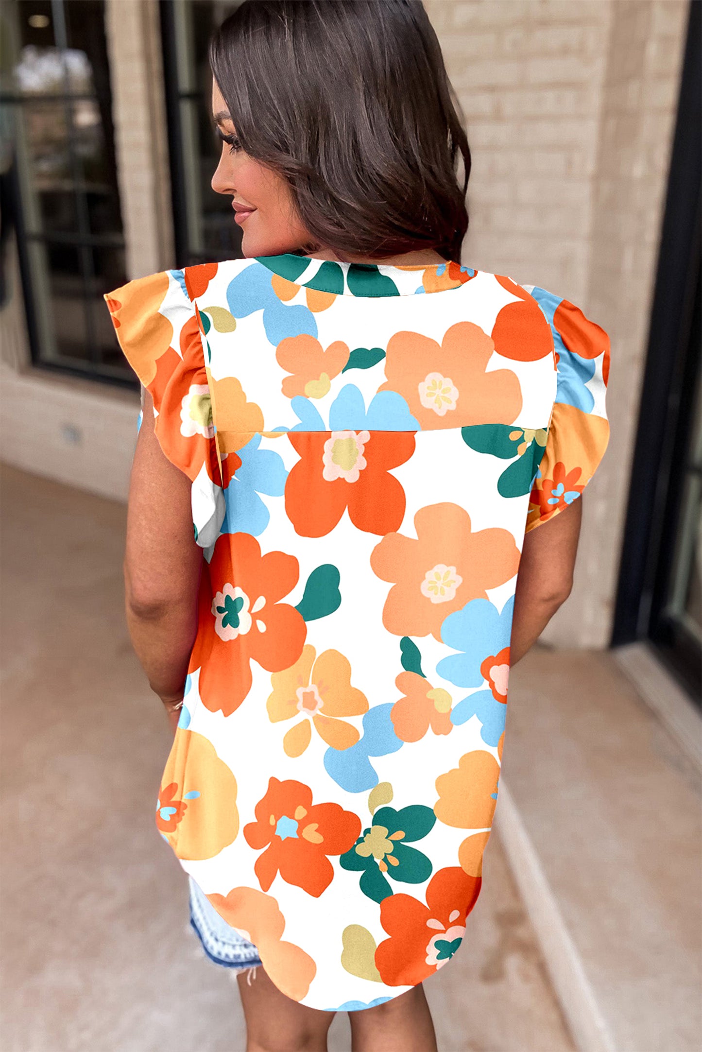 Orange Floral Notched V Neck Ruffled Blouse