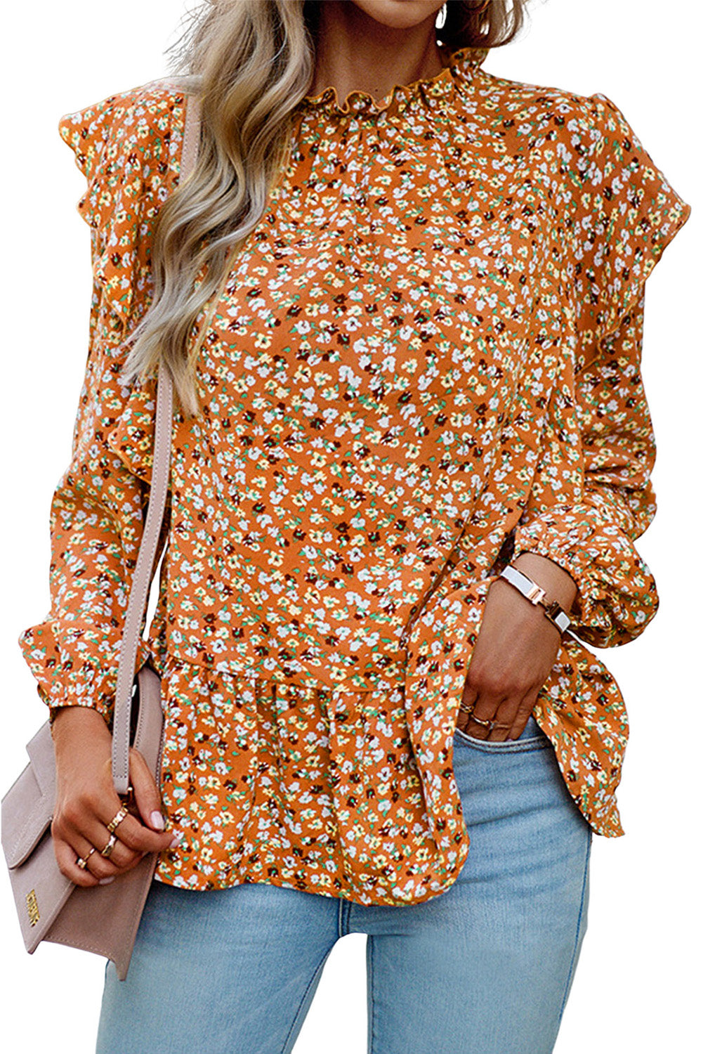 Orange Ditsy Floral Boho Ruffle Long Sleeve Blouse