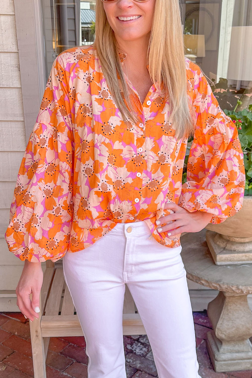 Orange Floral Print Loose Sleeve Shirt