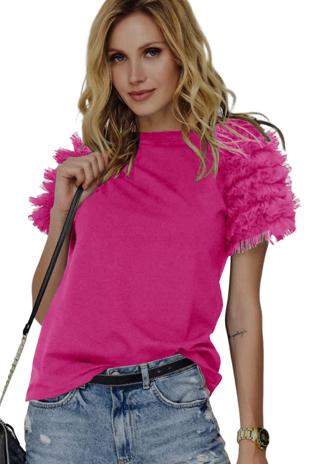 Rose Mesh Ruffled Short Sleeve T Shirt