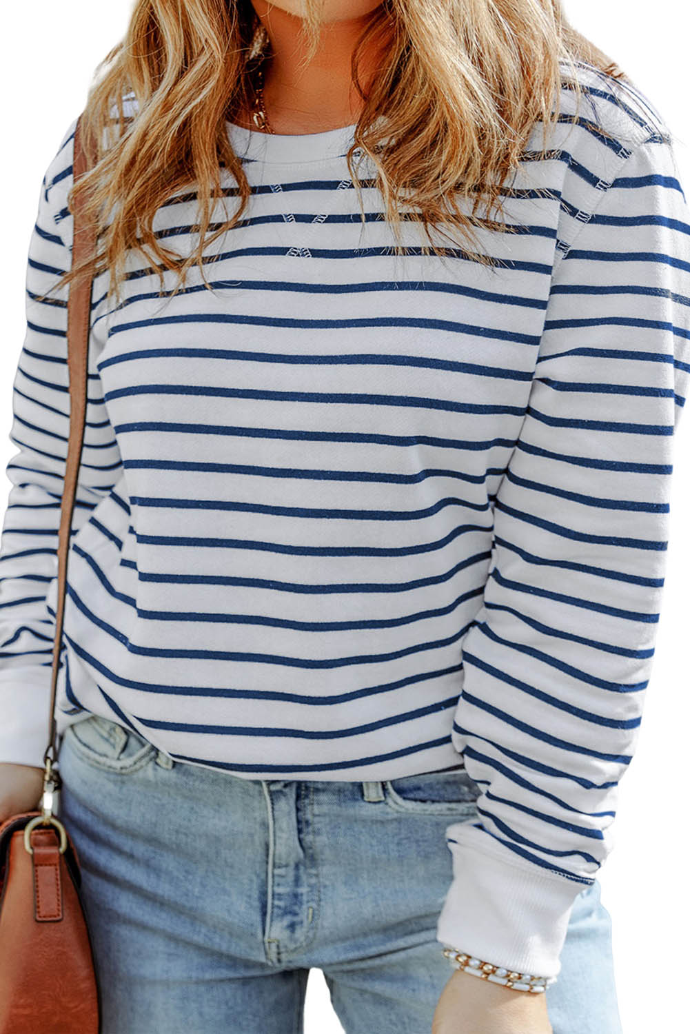 Stripe Print Basic Plus Size Long Sleeve Top