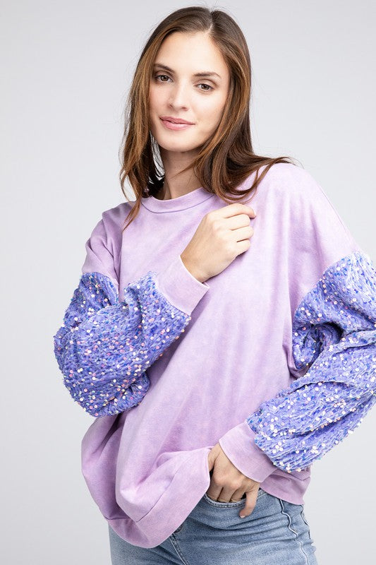 Velvet Sequin Sleeve Mineral Washed Top