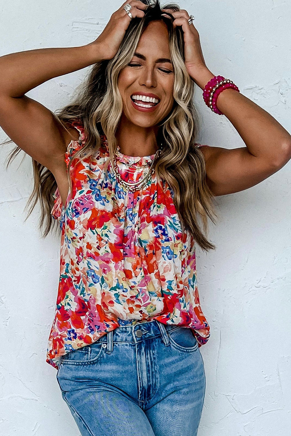 Red Boho Floral Print Frill Neck Pleated Sleeveless Shirt