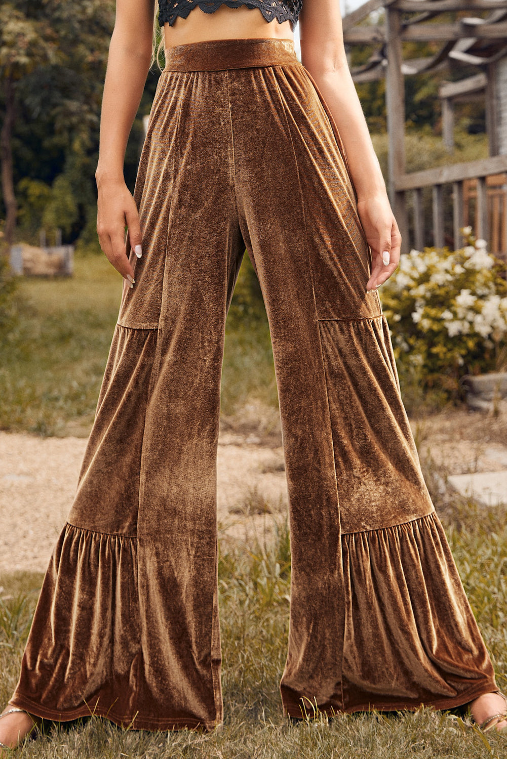 Pre-Order Chestnut Ruffle Hem Wide Leg Velvet Pants