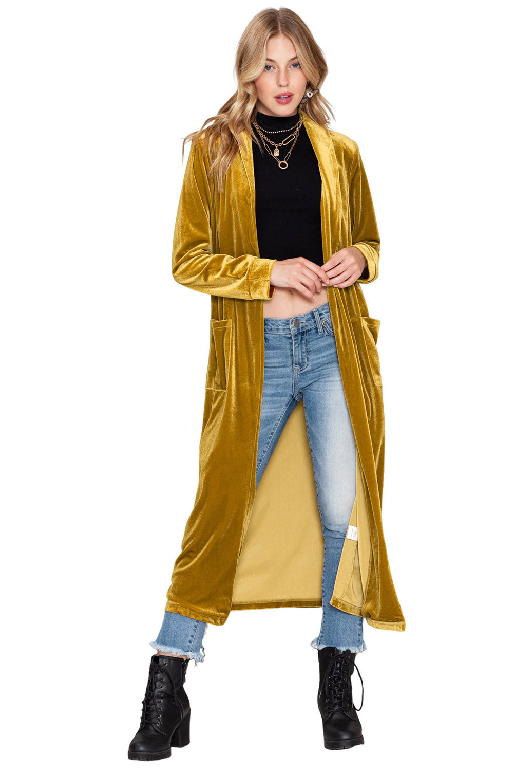 Green Velvet Elegant Pocket Open Front Long Cardigan available 11/15 in several color choices