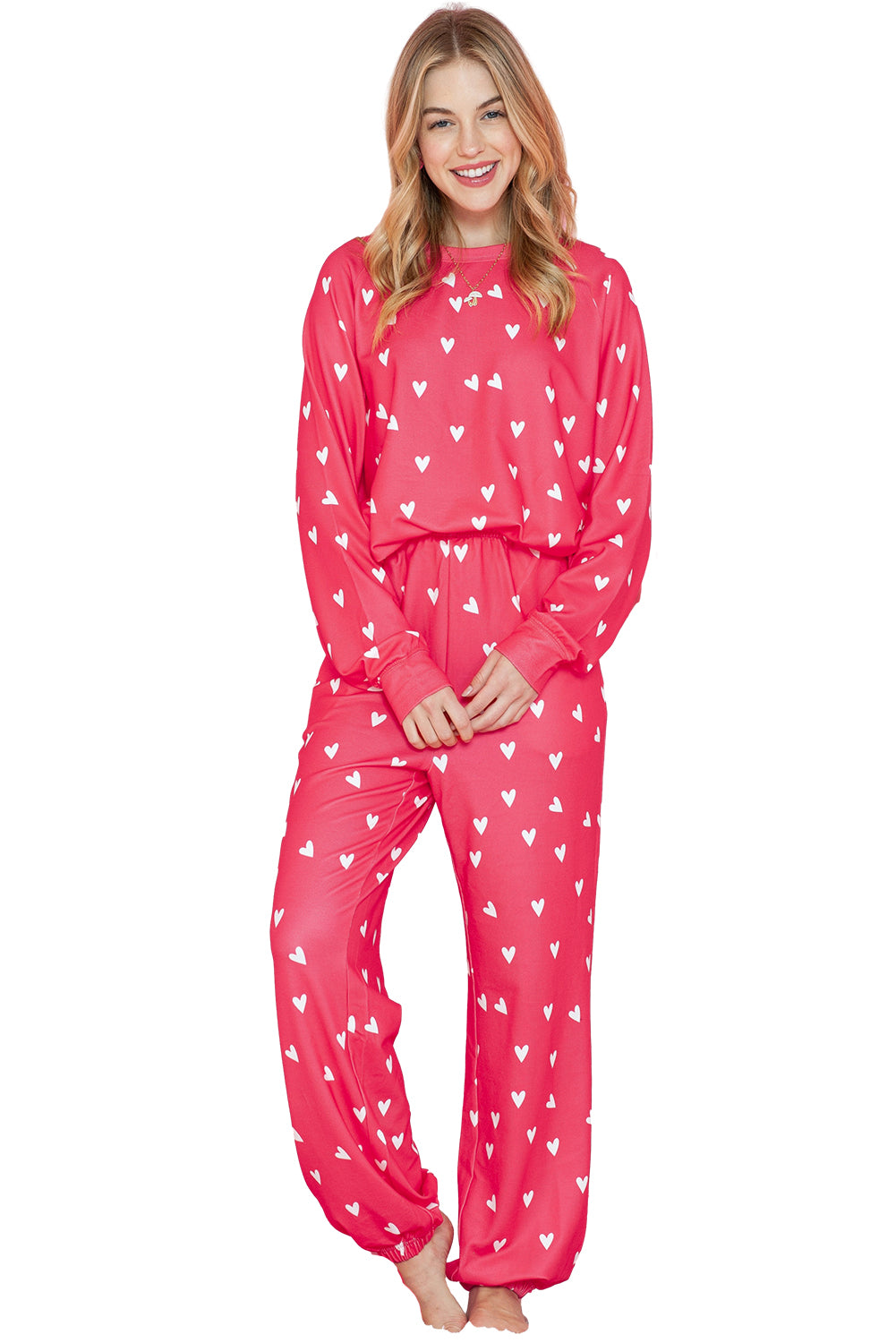 Red Heart Print Raglan Sleeve Loungewear Set