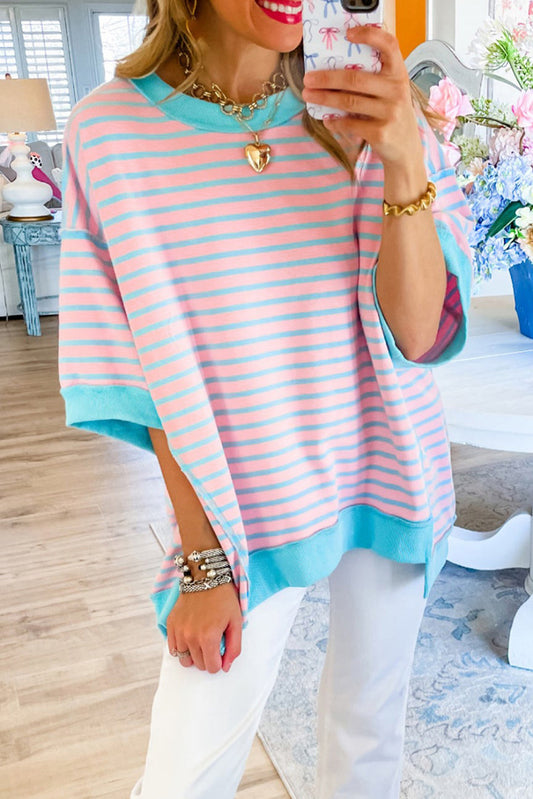 Pink Stripe Colorblock Drop Sleeve Loose Top