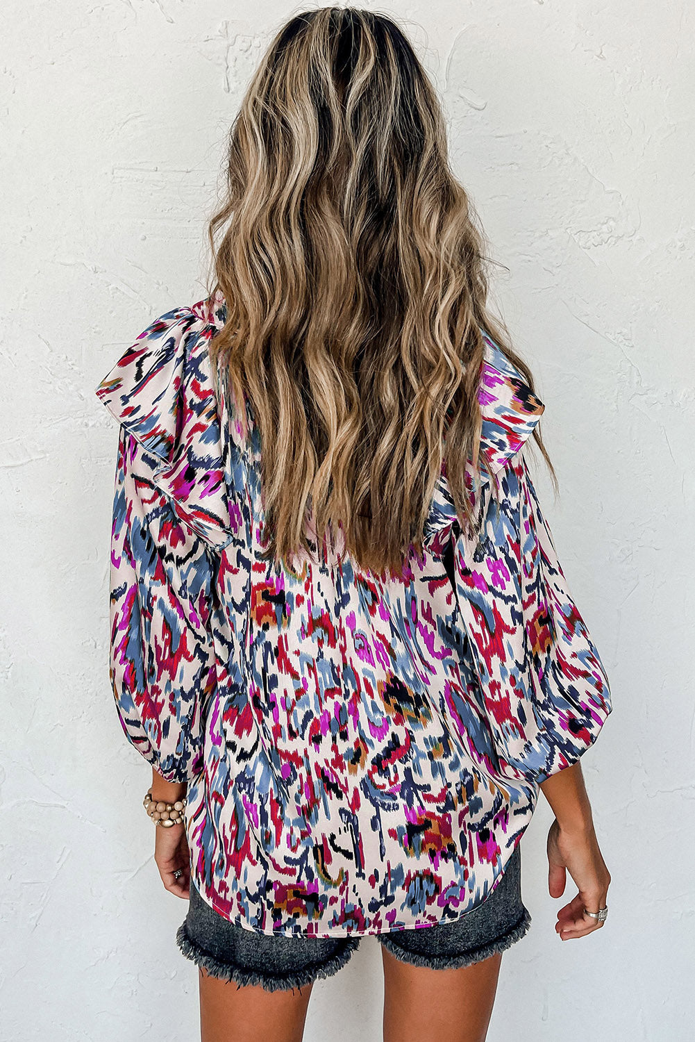 Multicolour Abstract Print 3/4 Puff Sleeve Ruffle Blouse