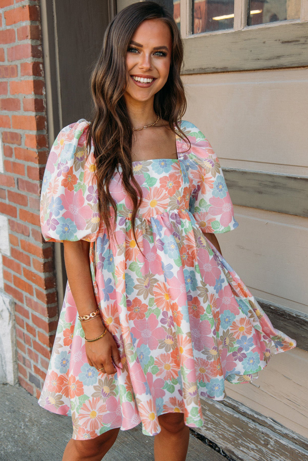 Pink Summer Floral Square Neck Puff Sleeve Babydoll Dress