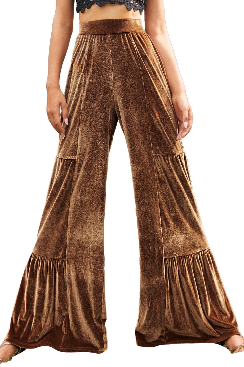 Pre-Order Chestnut Ruffle Hem Wide Leg Velvet Pants